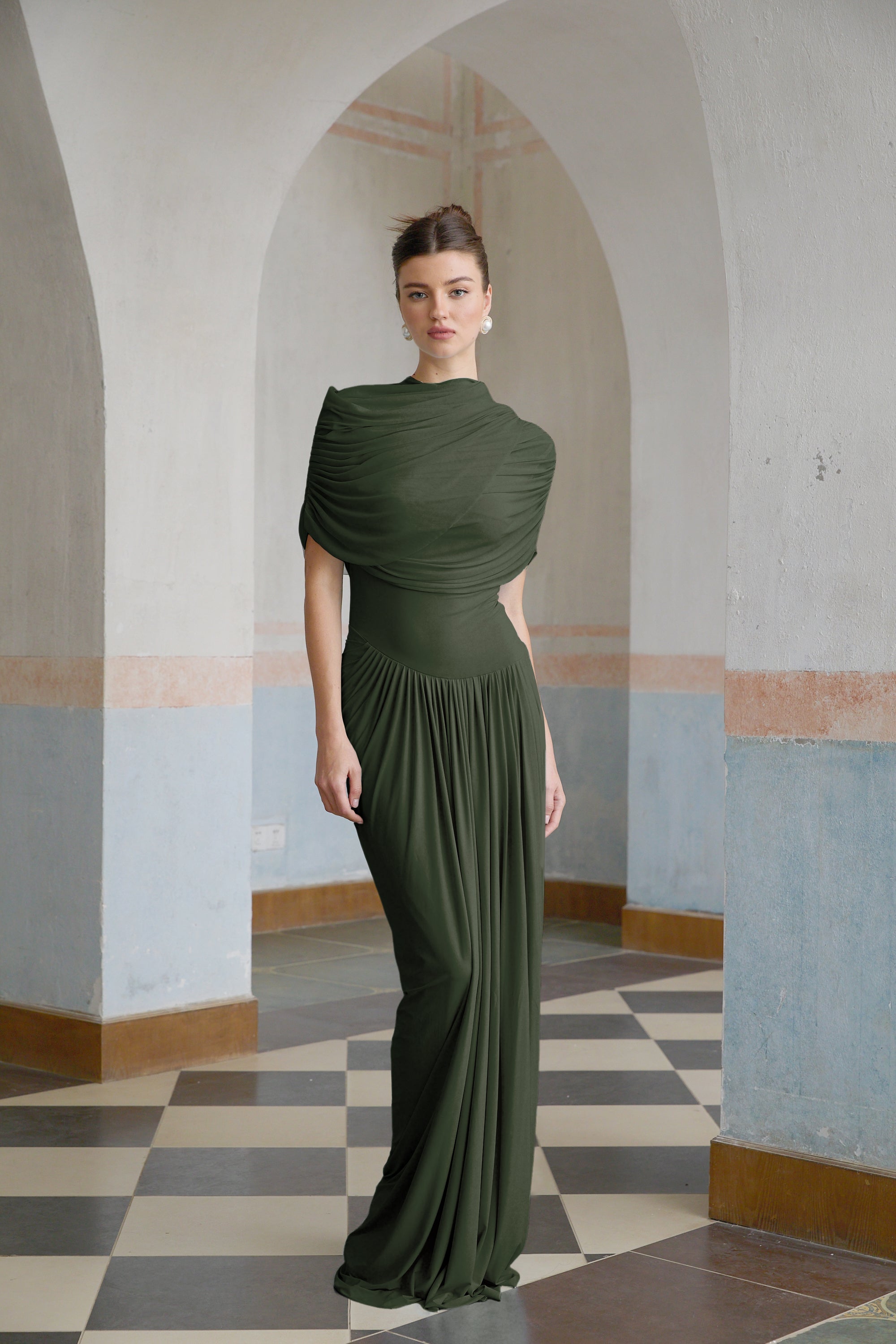 Catherine asymmetrical pleated maxi dress in Green