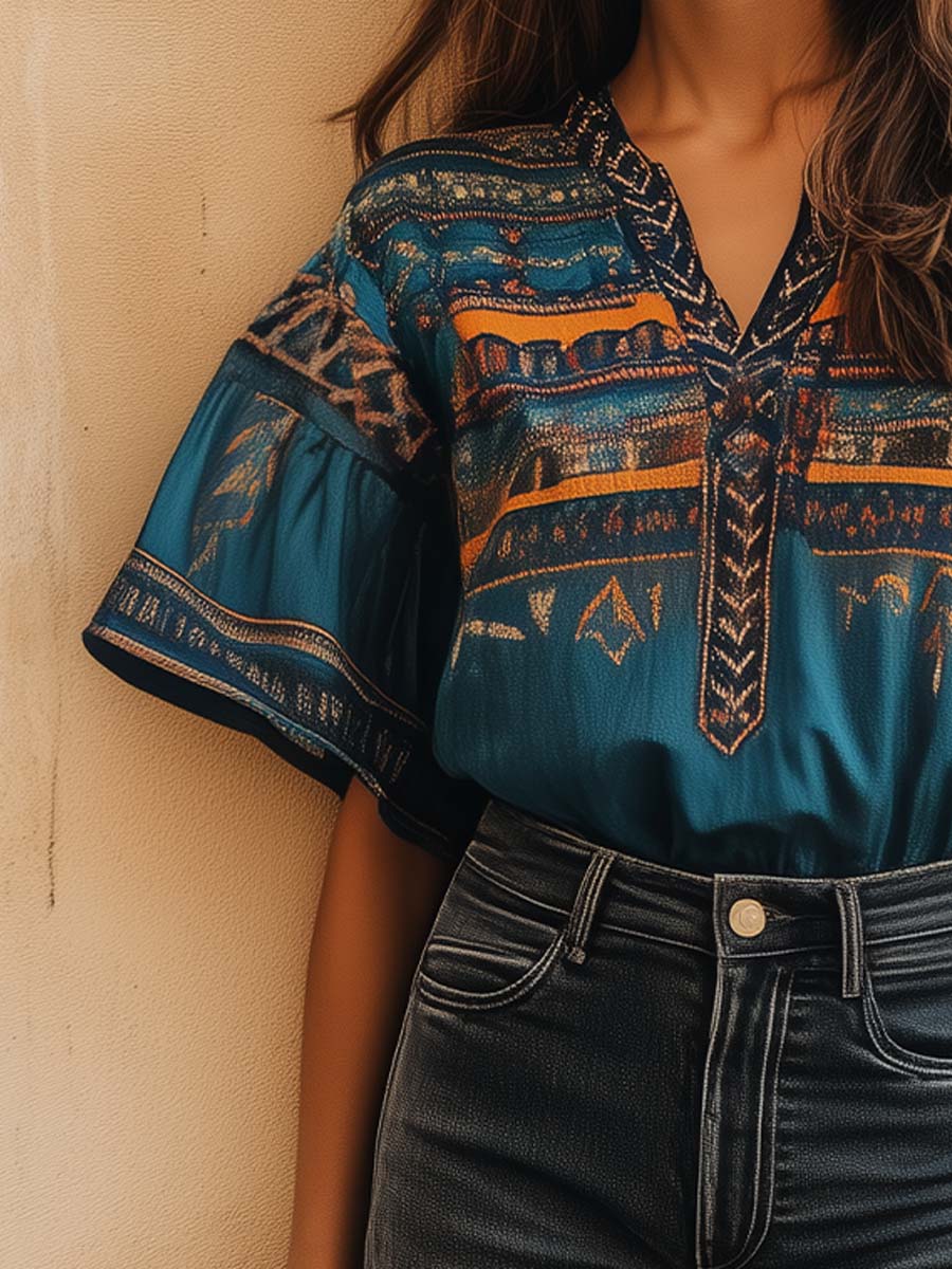 Levendige V-hals Blouse met Opvallende Print