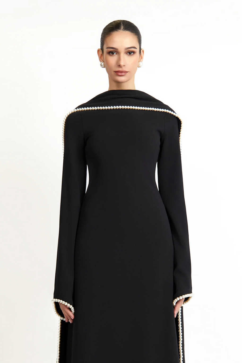 Piroska Black Pearl Trim Shawl Detail Maxi Dress