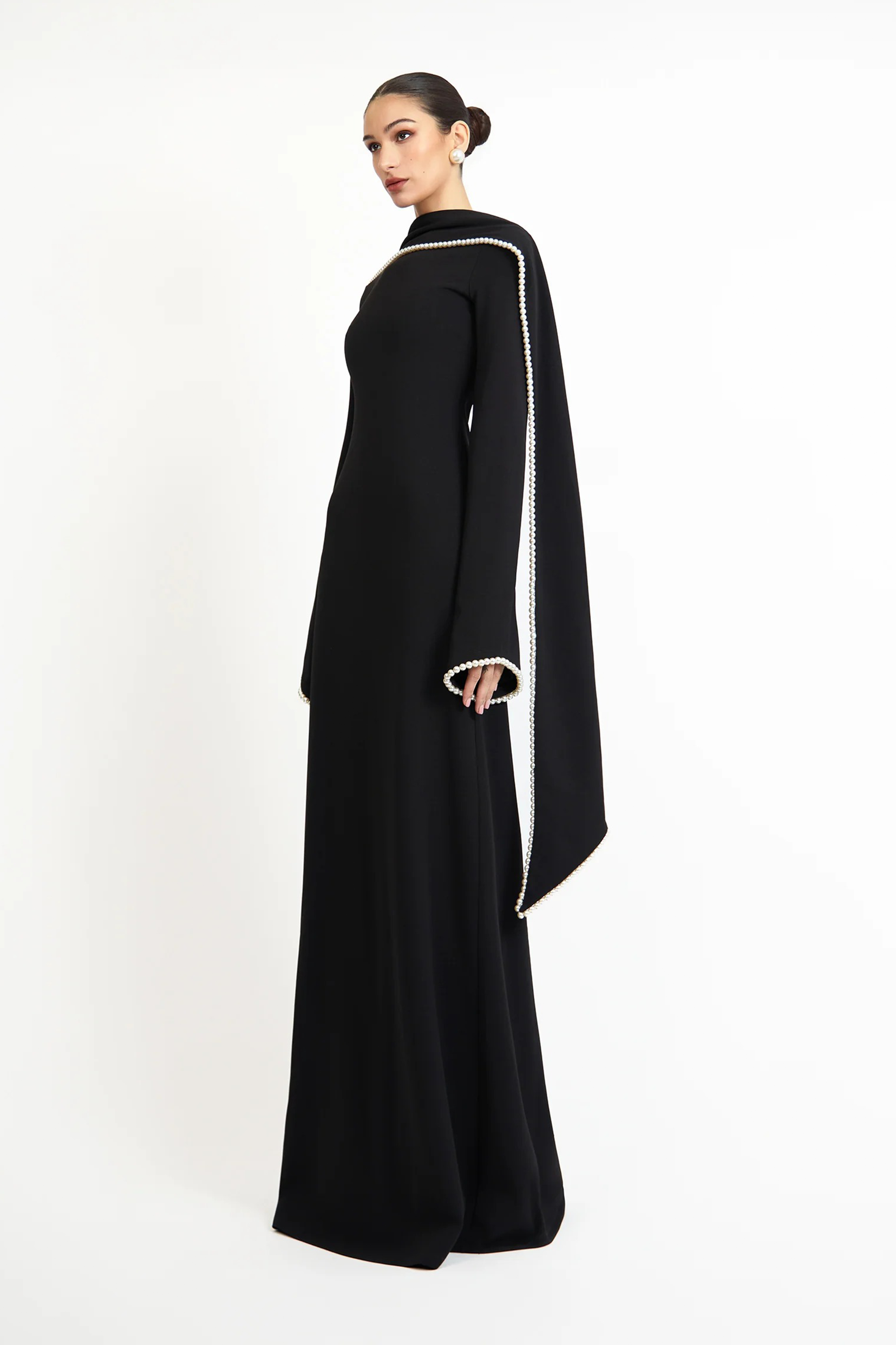 Piroska Black Pearl Trim Shawl Detail Maxi Dress