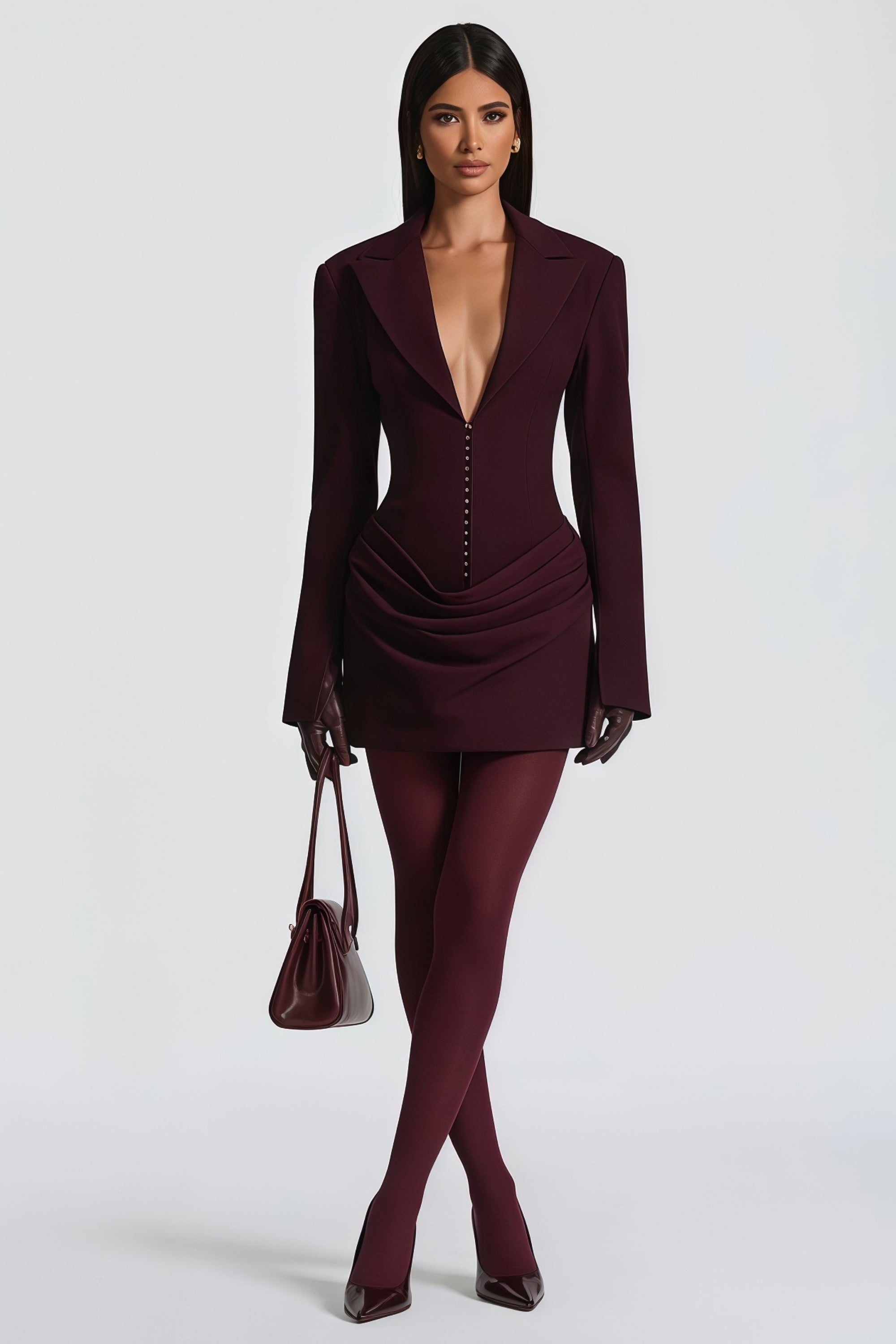 Rosette Burgundy Ruched Blazer Mini Dress