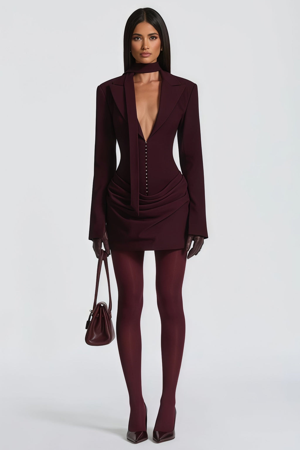 Rosette Burgundy Ruched Blazer Mini Dress