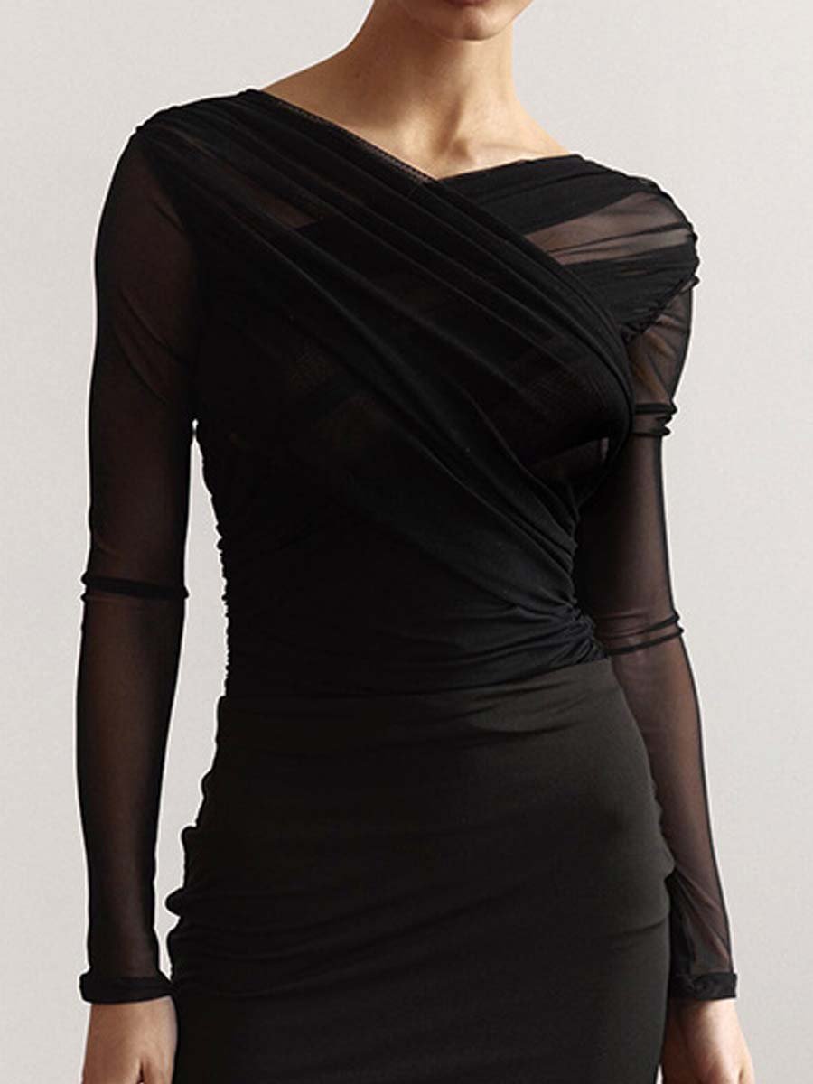 Vintage Look Geplooide Mesh Top met Lange Mouwen