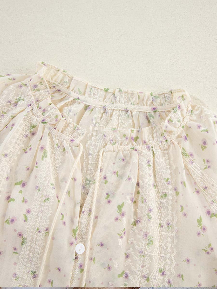 Geborduurde Kant Chiffon Blouse met Bloemen