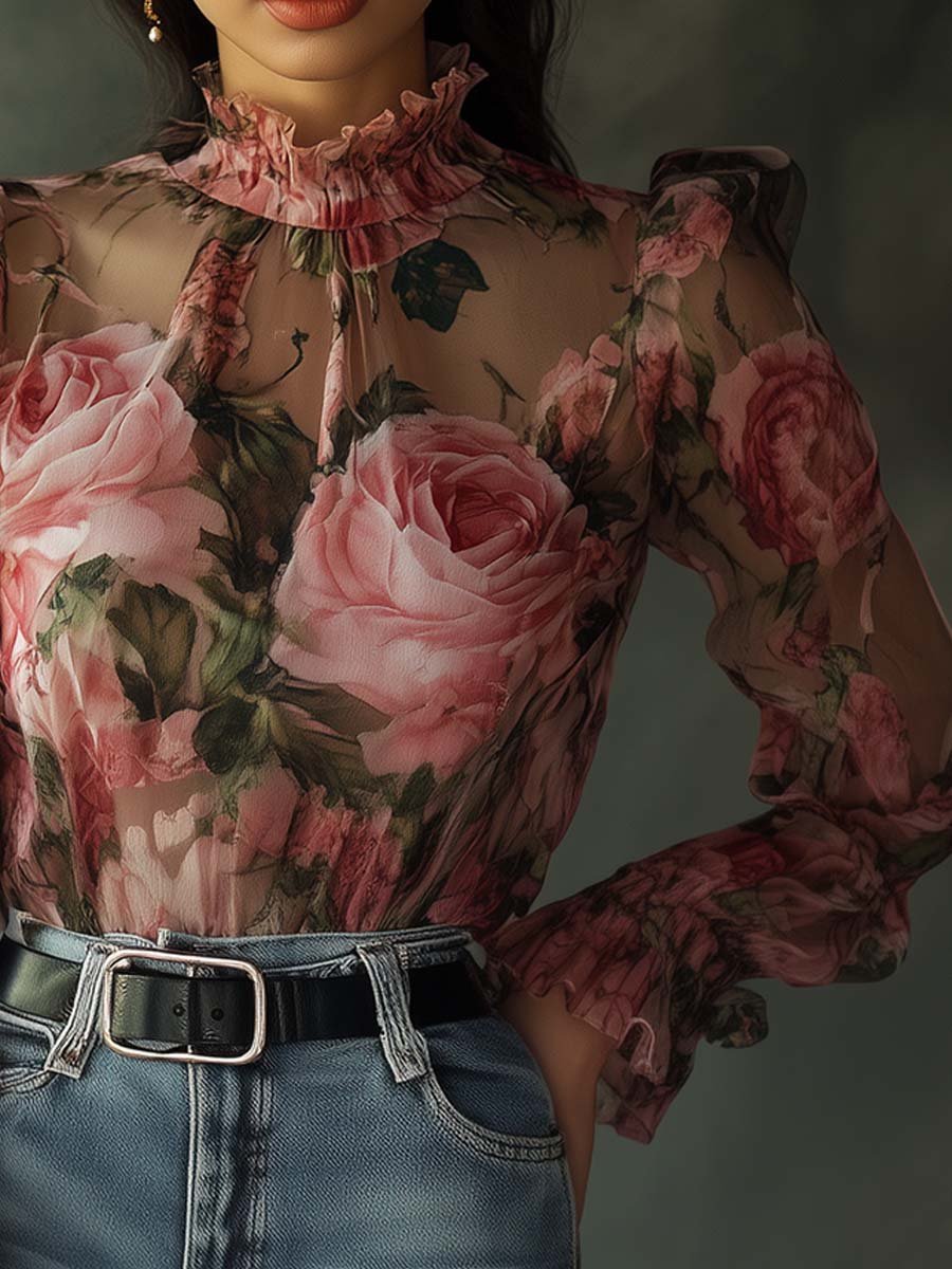 Elegante Doorzichtige Roze Blouse met Ruches