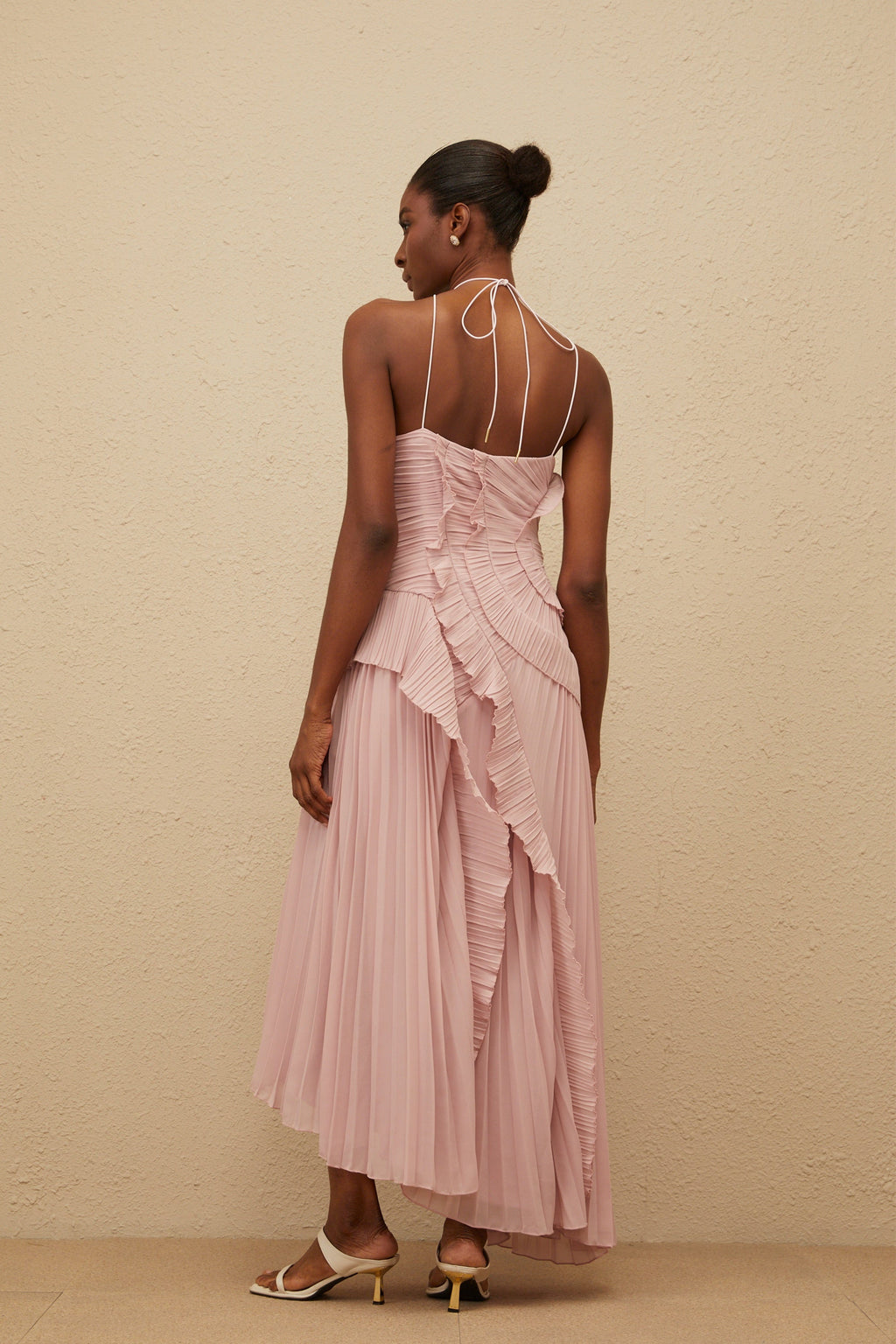 Doux Pink Ruffled Trim Pleated Midi Dress