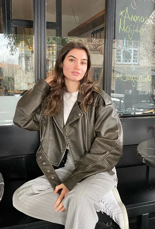 Abby | Kort läderjacka med bälte för dam