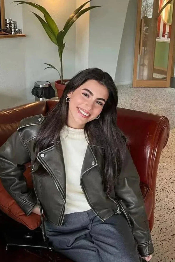 Abby | Kort läderjacka med bälte för dam